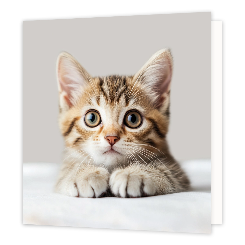 Kitten - Formaat: Standaard - Vorm: Vierkant - Blanco kaart - Op deze wenskaart staat een illustratie van een klein, bruingestreept cypers kitten dat met zijn pootjes netjes voor zich uit op een lichte ondergrond ligt. Het katje kijkt nieuwsgierig met grote, heldere ogen recht in de camera. De achtergrond is egaal lichtgrijs van kleur. Er is geen tekst op de illustratie zichtbaar. - Snelwenskaart