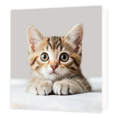 Kitten - Formaat: Standaard - Vorm: Vierkant - Blanco kaart - Op deze wenskaart staat een illustratie van een klein, bruingestreept cypers kitten dat met zijn pootjes netjes voor zich uit op een lichte ondergrond ligt. Het katje kijkt nieuwsgierig met grote, heldere ogen recht in de camera. De achtergrond is egaal lichtgrijs van kleur. Er is geen tekst op de illustratie zichtbaar. - Snelwenskaart