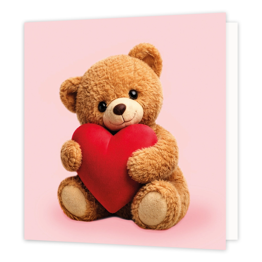 Teddybeer met hartje - Formaat: Standaard - Vorm: Vierkant - Blanco kaart - Op deze wenskaart staat een illustratie van een bruine pluche teddybeer die liefdevol een groot, rood hart vasthoudt. De beer zit voorovergebogen tegen een egale, zachtroze achtergrond. Er is geen tekst op de illustratie zichtbaar. - Snelwenskaart