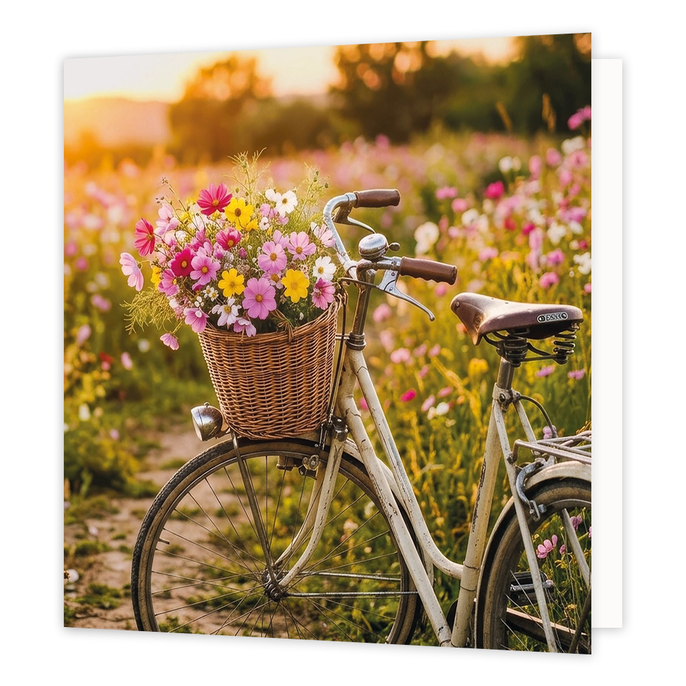 Fiets met bloemen - Formaat: Standaard - Vorm: Vierkant - Blanco kaart - Op deze wenskaart staat een illustratie van een vintage fiets die geparkeerd staat in een veld vol bloeiende veldbloemen tijdens zonsondergang. Aan het stuur van de fiets hangt een rieten mand die rijkelijk gevuld is met een kleurrijke bos roze en gele bloemen. Er is geen tekst op de illustratie zichtbaar. - Snelwenskaart