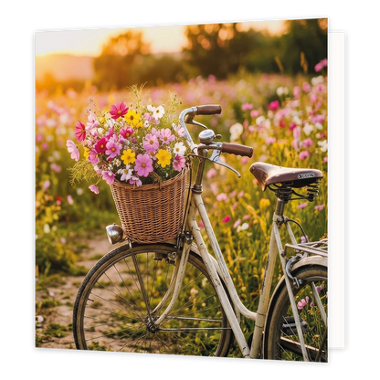 Fiets met bloemen - Formaat: Standaard - Vorm: Vierkant - Blanco kaart - Op deze wenskaart staat een illustratie van een vintage fiets die geparkeerd staat in een veld vol bloeiende veldbloemen tijdens zonsondergang. Aan het stuur van de fiets hangt een rieten mand die rijkelijk gevuld is met een kleurrijke bos roze en gele bloemen. Er is geen tekst op de illustratie zichtbaar. - Snelwenskaart