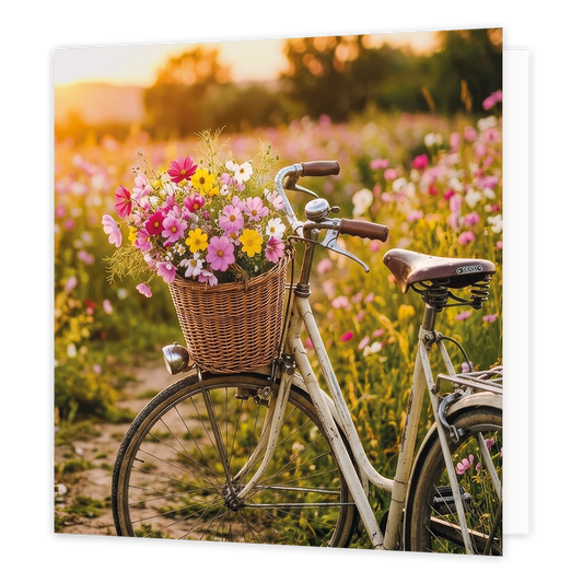 Fiets met bloemen - Formaat: Standaard - Vorm: Vierkant - Blanco kaart - Op deze wenskaart staat een illustratie van een vintage fiets die geparkeerd staat in een veld vol bloeiende veldbloemen tijdens zonsondergang. Aan het stuur van de fiets hangt een rieten mand die rijkelijk gevuld is met een kleurrijke bos roze en gele bloemen. Er is geen tekst op de illustratie zichtbaar. - Snelwenskaart