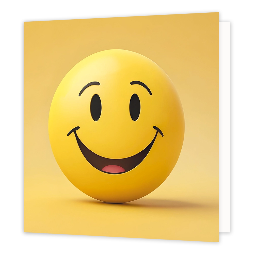 Smiley - Formaat: Standaard - Vorm: Vierkant - Blanco kaart - Op deze wenskaart staat een illustratie van een driedimensionale, gele smiley met zwarte ogen, wenkbrauwen en een brede glimlach. De smiley bevindt zich centraal op een egale gele achtergrond. In de open mond is een klein roze tongetje te zien. Er is geen tekst op de illustratie zichtbaar. - Snelwenskaart
