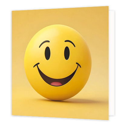 Smiley - Formaat: Standaard - Vorm: Vierkant - Blanco kaart - Op deze wenskaart staat een illustratie van een driedimensionale, gele smiley met zwarte ogen, wenkbrauwen en een brede glimlach. De smiley bevindt zich centraal op een egale gele achtergrond. In de open mond is een klein roze tongetje te zien. Er is geen tekst op de illustratie zichtbaar. - Snelwenskaart