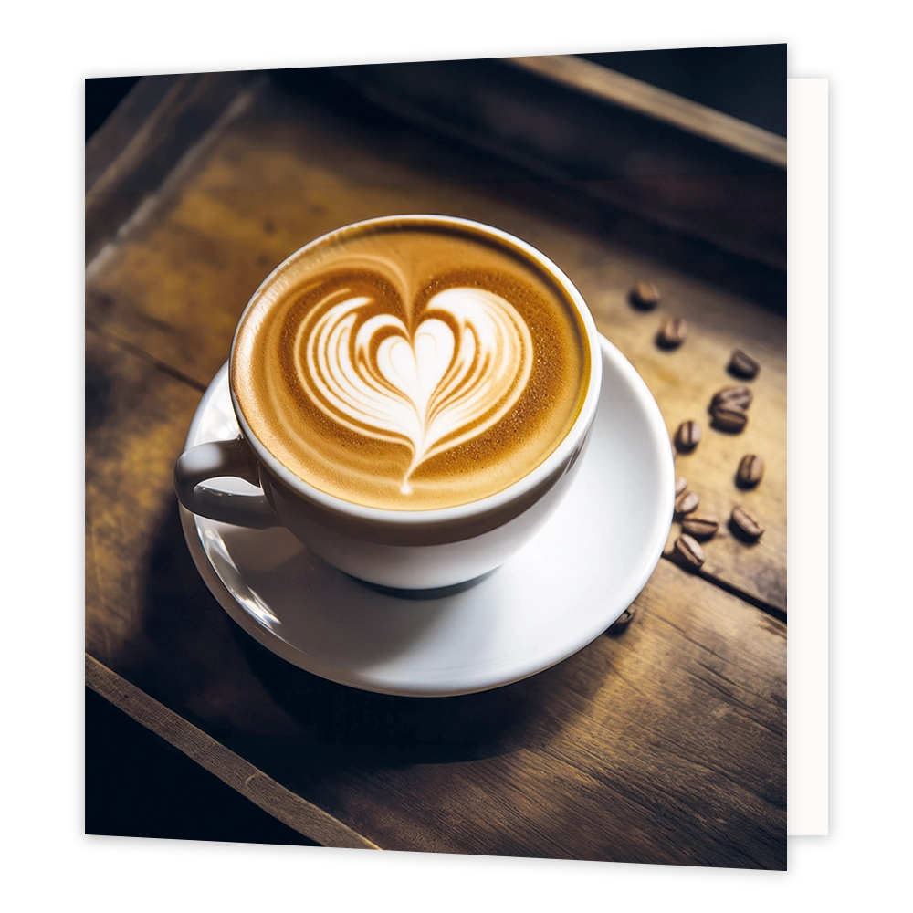 Cappuccino - Formaat: Standaard - Vorm: Vierkant - Blanco kaart - Op deze wenskaart staat een illustratie van een witte kop koffie met schuim op een bijbehorend schoteltje, geplaatst op een houten ondergrond. In het koffieschuim is met latte art een sierlijk hartpatroon aangebracht. Naast het kopje liggen verspreid verschillende koffiebonen. Er is geen tekst op de illustratie zichtbaar. - Snelwenskaart