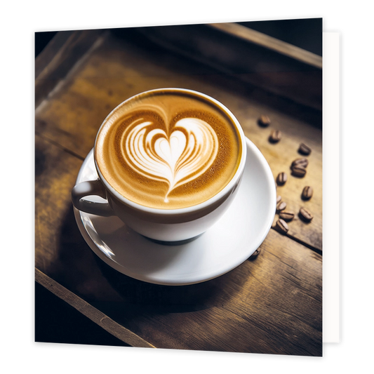 Cappuccino - Formaat: Standaard - Vorm: Vierkant - Blanco kaart - Op deze wenskaart staat een illustratie van een witte kop koffie met schuim op een bijbehorend schoteltje, geplaatst op een houten ondergrond. In het koffieschuim is met latte art een sierlijk hartpatroon aangebracht. Naast het kopje liggen verspreid verschillende koffiebonen. Er is geen tekst op de illustratie zichtbaar. - Snelwenskaart