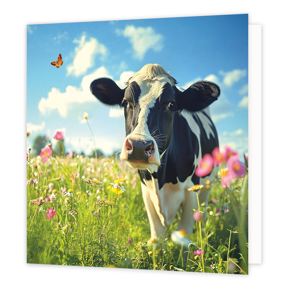 Koe in de wei - Formaat: Standaard - Vorm: Vierkant - Blanco kaart - Op deze wenskaart staat een illustratie van een zwart-witte koe in een weide vol bloeiende veldbloemen. De koe staat centraal en kijkt recht in de camera, terwijl links boven haar hoofd een vlinder vliegt. Het geheel is afgebeeld onder een helderblauwe lucht met witte wolken. Er is geen tekst op de illustratie zichtbaar. - Snelwenskaart