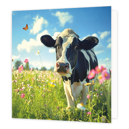 Koe in de wei - Formaat: Standaard - Vorm: Vierkant - Blanco kaart - Op deze wenskaart staat een illustratie van een zwart-witte koe in een weide vol bloeiende veldbloemen. De koe staat centraal en kijkt recht in de camera, terwijl links boven haar hoofd een vlinder vliegt. Het geheel is afgebeeld onder een helderblauwe lucht met witte wolken. Er is geen tekst op de illustratie zichtbaar. - Snelwenskaart