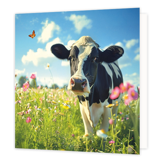 Koe in de wei - Formaat: Standaard - Vorm: Vierkant - Blanco kaart - Op deze wenskaart staat een illustratie van een zwart-witte koe in een weide vol bloeiende veldbloemen. De koe staat centraal en kijkt recht in de camera, terwijl links boven haar hoofd een vlinder vliegt. Het geheel is afgebeeld onder een helderblauwe lucht met witte wolken. Er is geen tekst op de illustratie zichtbaar. - Snelwenskaart