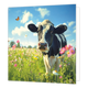 Koe in de wei - Formaat: Standaard - Vorm: Vierkant - Blanco kaart - Op deze wenskaart staat een illustratie van een zwart-witte koe in een weide vol bloeiende veldbloemen. De koe staat centraal en kijkt recht in de camera, terwijl links boven haar hoofd een vlinder vliegt. Het geheel is afgebeeld onder een helderblauwe lucht met witte wolken. Er is geen tekst op de illustratie zichtbaar. - Snelwenskaart