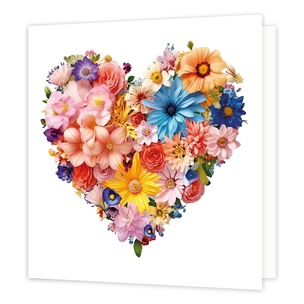 Bloemenhart - Formaat: Standaard - Vorm: Vierkant - Blanco kaart - Op deze wenskaart staat een illustratie van een groot, kleurrijk hart dat is samengesteld uit een divers boeket van verschillende bloemen. De bloemen variëren in kleuren zoals geel, blauw, roze, oranje, rood en paars, en zijn dicht op elkaar geschikt tegen een witte achtergrond. Er is geen tekst op de illustratie zichtbaar. - Snelwenskaart