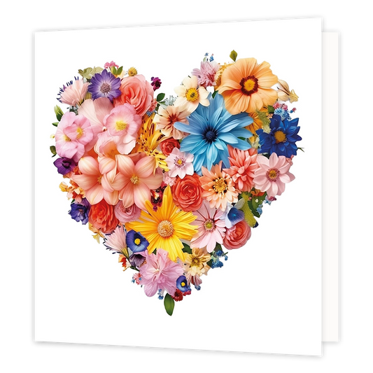Bloemenhart - Formaat: Standaard - Vorm: Vierkant - Blanco kaart - Op deze wenskaart staat een illustratie van een groot, kleurrijk hart dat is samengesteld uit een divers boeket van verschillende bloemen. De bloemen variëren in kleuren zoals geel, blauw, roze, oranje, rood en paars, en zijn dicht op elkaar geschikt tegen een witte achtergrond. Er is geen tekst op de illustratie zichtbaar. - Snelwenskaart