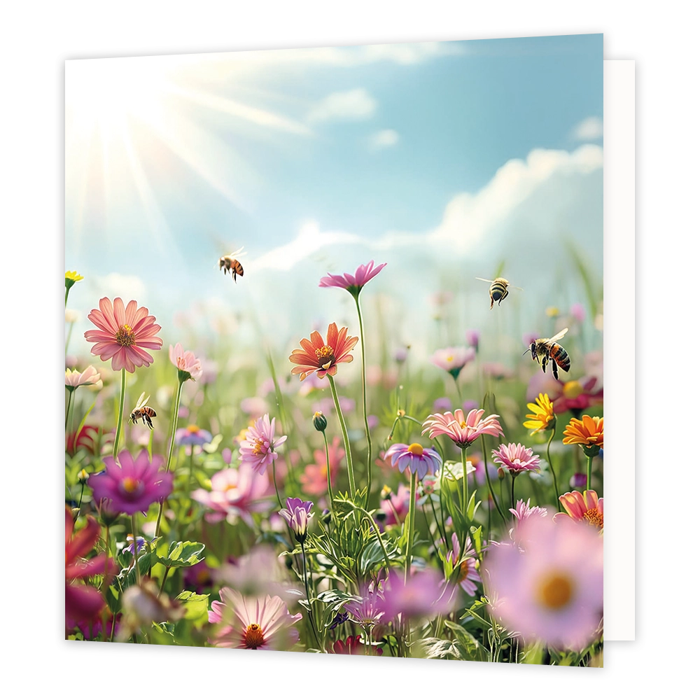 Bloemenveld - Formaat: Standaard - Vorm: Vierkant - Blanco kaart - Op deze wenskaart staat een illustratie van een bloeiend veld vol kleurrijke veldbloemen in roze, oranje en paarse tinten. Boven de bloemen vliegen meerdere bijen rond in de zonnige buitenlucht. De achtergrond toont een helderende lucht waarin de zon stralend door de wolken schijnt. Er is geen tekst op de illustratie zichtbaar. - Snelwenskaart