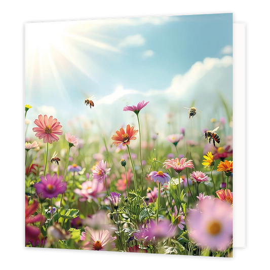 Bloemenveld - Formaat: Standaard - Vorm: Vierkant - Blanco kaart - Op deze wenskaart staat een illustratie van een bloeiend veld vol kleurrijke veldbloemen in roze, oranje en paarse tinten. Boven de bloemen vliegen meerdere bijen rond in de zonnige buitenlucht. De achtergrond toont een helderende lucht waarin de zon stralend door de wolken schijnt. Er is geen tekst op de illustratie zichtbaar. - Snelwenskaart