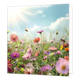 Bloemenveld - Formaat: Standaard - Vorm: Vierkant - Blanco kaart - Op deze wenskaart staat een illustratie van een bloeiend veld vol kleurrijke veldbloemen in roze, oranje en paarse tinten. Boven de bloemen vliegen meerdere bijen rond in de zonnige buitenlucht. De achtergrond toont een helderende lucht waarin de zon stralend door de wolken schijnt. Er is geen tekst op de illustratie zichtbaar. - Snelwenskaart