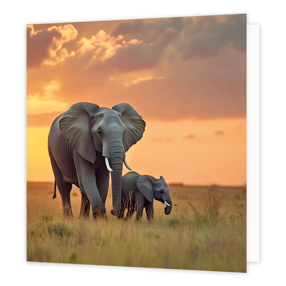 Olifanten - Formaat: Standaard - Vorm: Vierkant - Blanco kaart - Op deze wenskaart staat een illustratie van een grote olifant en een klein olifantenjong die door de savanne lopen. De achtergrond toont een sfeervolle zonsondergang met een oranje-gele lucht en bewolking. Er is geen tekst op de illustratie zichtbaar. - Snelwenskaart