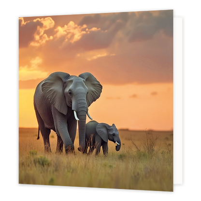 Olifanten - Formaat: Standaard - Vorm: Vierkant - Blanco kaart - Op deze wenskaart staat een illustratie van een grote olifant en een klein olifantenjong die door de savanne lopen. De achtergrond toont een sfeervolle zonsondergang met een oranje-gele lucht en bewolking. Er is geen tekst op de illustratie zichtbaar. - Snelwenskaart
