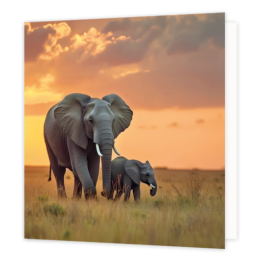 Olifanten - Formaat: Standaard - Vorm: Vierkant - Blanco kaart - Op deze wenskaart staat een illustratie van een grote olifant en een klein olifantenjong die door de savanne lopen. De achtergrond toont een sfeervolle zonsondergang met een oranje-gele lucht en bewolking. Er is geen tekst op de illustratie zichtbaar. - Snelwenskaart
