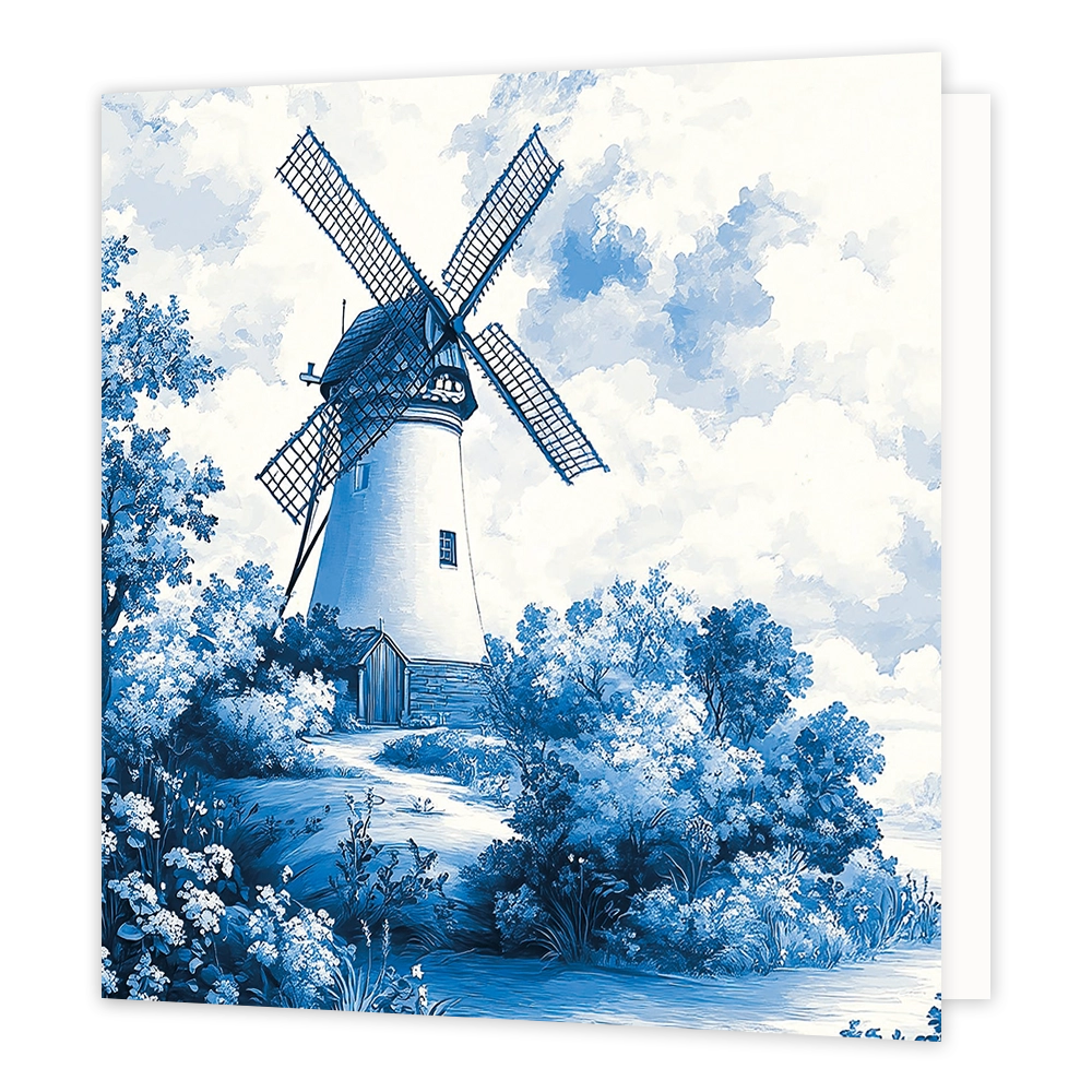 Delftsblauwe molen - Formaat: Standaard - Vorm: Vierkant - Blanco kaart - Op deze wenskaart staat een illustratie van een traditionele Nederlandse windmolen in Delfts blauwe stijl, omringd door bomen, struiken en water. De gehele afbeelding is uitgevoerd in tinten blauw en wit, wat doet denken aan klassiek Delfts blauw aardewerk. Er is geen tekst op de illustratie zichtbaar. - Snelwenskaart