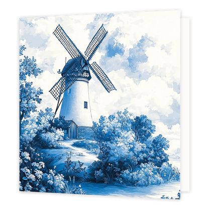 Delftsblauwe molen - Formaat: Standaard - Vorm: Vierkant - Blanco kaart - Op deze wenskaart staat een illustratie van een traditionele Nederlandse windmolen in Delfts blauwe stijl, omringd door bomen, struiken en water. De gehele afbeelding is uitgevoerd in tinten blauw en wit, wat doet denken aan klassiek Delfts blauw aardewerk. Er is geen tekst op de illustratie zichtbaar. - Snelwenskaart