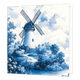 Delftsblauwe molen - Formaat: Standaard - Vorm: Vierkant - Blanco kaart - Op deze wenskaart staat een illustratie van een traditionele Nederlandse windmolen in Delfts blauwe stijl, omringd door bomen, struiken en water. De gehele afbeelding is uitgevoerd in tinten blauw en wit, wat doet denken aan klassiek Delfts blauw aardewerk. Er is geen tekst op de illustratie zichtbaar. - Snelwenskaart