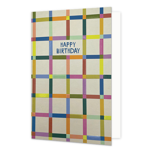Happy birthday - Formaat: Normaal - Vorm: Staand - Verjaardagskaart - \Op deze wenskaart staat een grafisch ruitpatroon tegen een gebroken witte achtergrond. Het patroon is opgebouwd uit horizontale en verticale banen in diverse vrolijke kleuren, zoals geel, blauw, oranje, roze en groen. Waar de banen elkaar kruisen, ontstaan kleine gekleurde vierkantjes, wat een speels rastereffect geeft. Iets boven het midden is een rechthoekig wit vlak uitgespaard waarin de tekst "HAPPY BIRTHDAY" in strakke, blauwe hoof