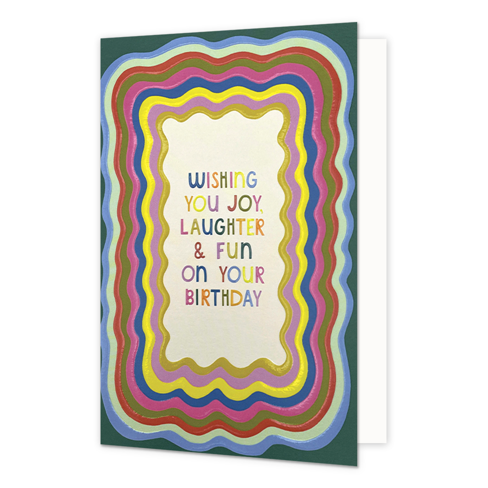 Wishing you joy, laughter & fun - Formaat: Normaal - Vorm: Staand - Verjaardagskaart - Op deze wenskaart staan kronkelende lijnen in de kleuren roze, rood, groen, blauw en geel met in het midden de tekst: "Wishing you joy laughter & fun on your birthday". - Snelwenskaart
