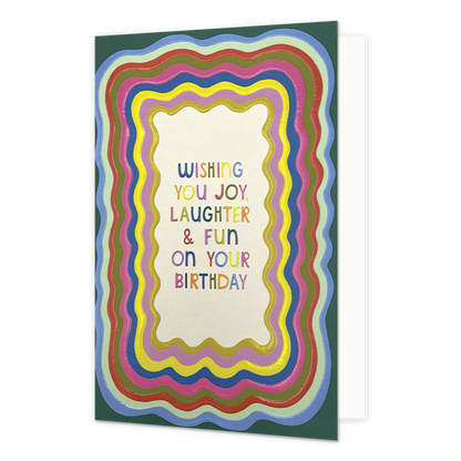 Wishing you joy, laughter & fun - Formaat: Normaal - Vorm: Staand - Verjaardagskaart - Op deze wenskaart staan kronkelende lijnen in de kleuren roze, rood, groen, blauw en geel met in het midden de tekst: "Wishing you joy laughter & fun on your birthday". - Snelwenskaart
