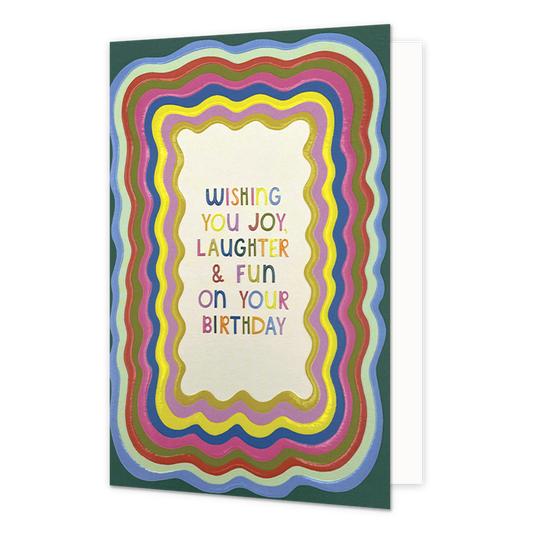 Wishing you joy, laughter & fun - Formaat: Normaal - Vorm: Staand - Verjaardagskaart - Op deze wenskaart staan kronkelende lijnen in de kleuren roze, rood, groen, blauw en geel met in het midden de tekst: "Wishing you joy laughter & fun on your birthday". - Snelwenskaart