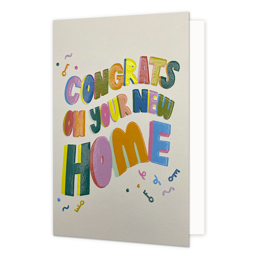 Congrats on your new home - Formaat: Standaard - Vorm: Staand - Woningkaart - Op deze wenskaart staat de tekst: "Congrats on your new home". - Snelwenskaart