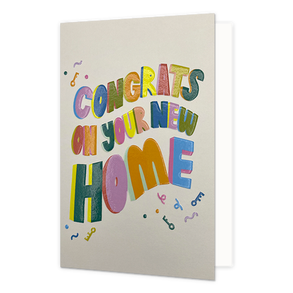 Congrats on your new home - Formaat: Standaard - Vorm: Staand - Woningkaart - Op deze wenskaart staat de tekst: "Congrats on your new home". - Snelwenskaart