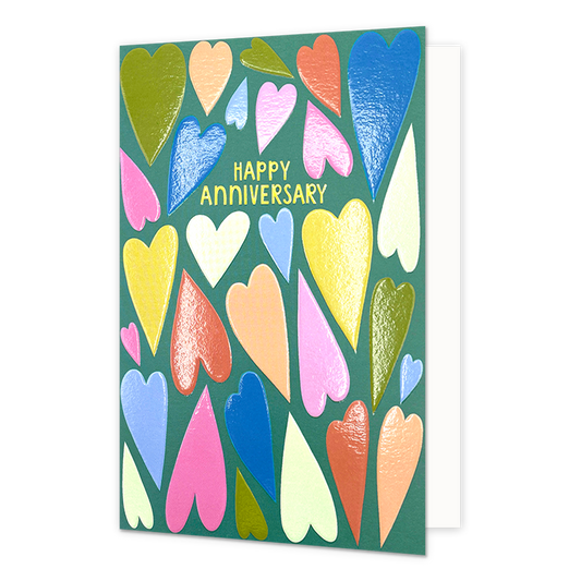 Happy anniversary - Formaat: Normaal - Vorm: Staand - Jubileumkaart - Op deze wenskaart staan hartjes in diverse kleuren met in het midden de tekst: "Happy anniversary". - Snelwenskaart