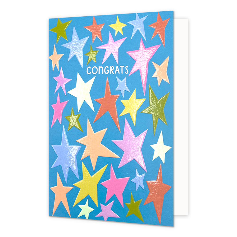 Congrats - Formaat: Standaard - Vorm: Staand - Felicitatiekaart - Op deze wenskaart staan sterren in diverse kleuren met in het midden de tekst: "Congrats". - Snelwenskaart
