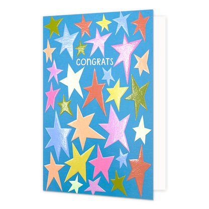 Congrats - Formaat: Standaard - Vorm: Staand - Felicitatiekaart - Op deze wenskaart staan sterren in diverse kleuren met in het midden de tekst: "Congrats". - Snelwenskaart
