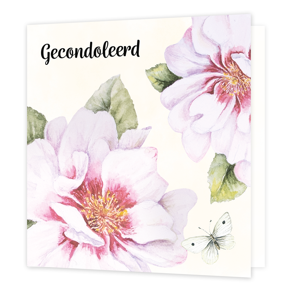 Op deze wenskaart staan twee bloemen met links bovenin de tekst: "Gecondoleerd". 