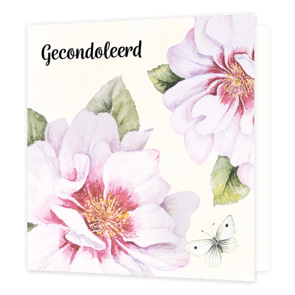 Op deze wenskaart staan twee bloemen met links bovenin de tekst: "Gecondoleerd". 