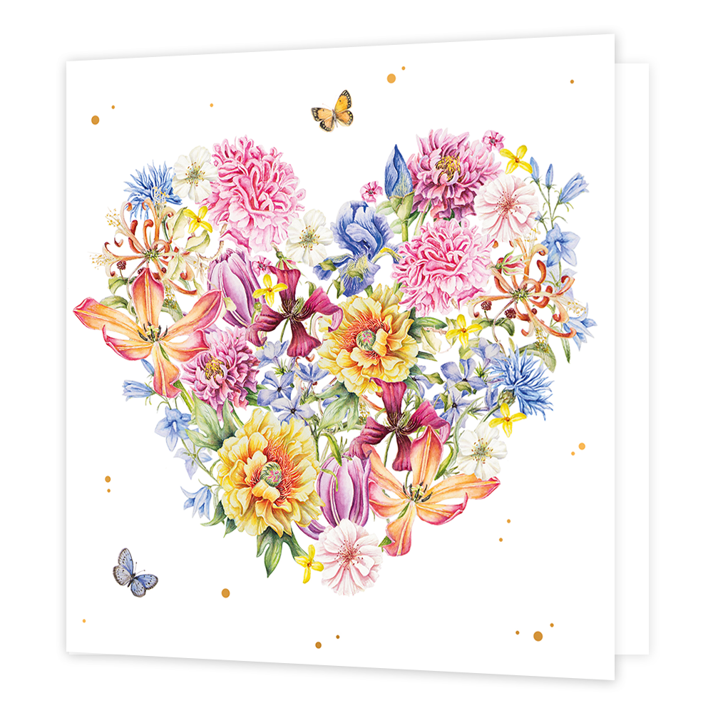 Bloemenhart - Formaat: Standaard - Vorm: Vierkant - Blanco kaart - Op deze wenskaart staat een hart gemaakt van bloemen in de kleuren roze, oranje, rood, geel, paars, blauw en groen. - Snelwenskaart