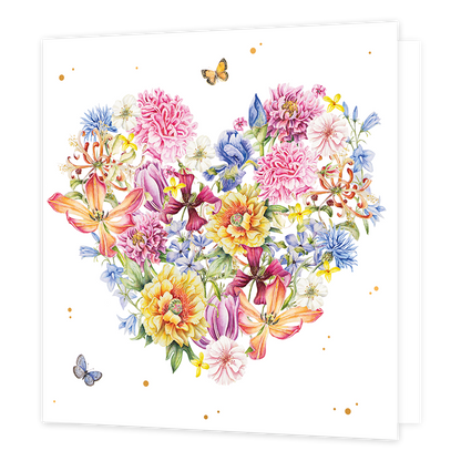 Bloemenhart - Formaat: Standaard - Vorm: Vierkant - Blanco kaart - Op deze wenskaart staat een hart gemaakt van bloemen in de kleuren roze, oranje, rood, geel, paars, blauw en groen. - Snelwenskaart