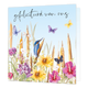 Gefeliciteerd van ons - Formaat: Standaard - Vorm: Vierkant - Felicitatiekaart - Op deze wenskaart zie je natuurgetekende bloemen en vier vlinders. In het midden staat de tekst 'Gefeliciteerd van ons'. - Snelwenskaart
