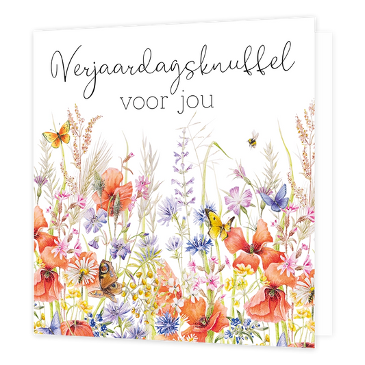 Verjaardagsknuffel voor jou - Formaat: Standaard - Vorm: Vierkant - Verjaardagskaart - Op deze wenskaart staat aan de bovenzijde de tekst "Verjaardagsknuffel voor jou" geschreven in een elegant, zwart lettertype. De onderste helft van de kaart is gevuld met een kleurrijke, botanische illustratie van veldbloemen en grassen in een aquarelstijl. Tussen de diverse bloemen, zoals rode klaprozen en blauwe korenbloemen, zijn verschillende vlinders en een bijtje afgebeeld. Het geheel is geplaatst tegen een heldere