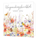 Verjaardagsknuffel voor jou - Formaat: Standaard - Vorm: Vierkant - Verjaardagskaart - Op deze wenskaart staat aan de bovenzijde de tekst "Verjaardagsknuffel voor jou" geschreven in een elegant, zwart lettertype. De onderste helft van de kaart is gevuld met een kleurrijke, botanische illustratie van veldbloemen en grassen in een aquarelstijl. Tussen de diverse bloemen, zoals rode klaprozen en blauwe korenbloemen, zijn verschillende vlinders en een bijtje afgebeeld. Het geheel is geplaatst tegen een heldere
