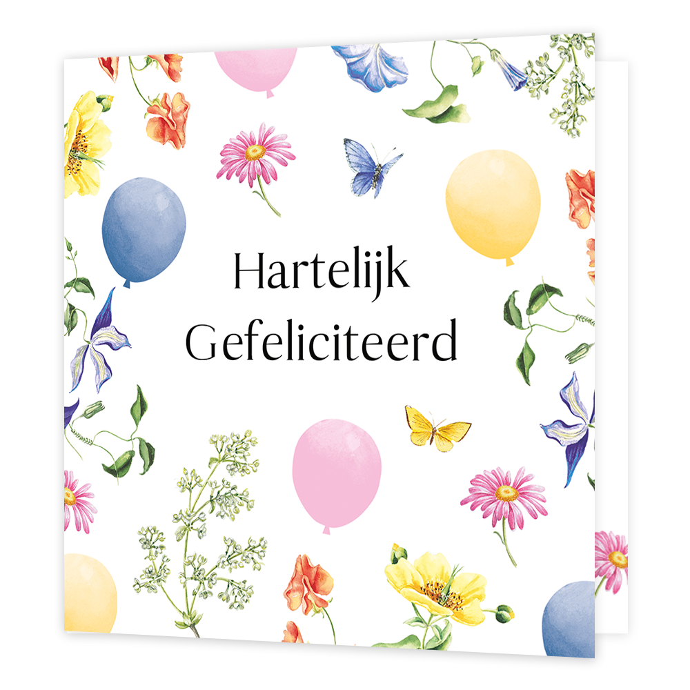 Hartelijk gefeliciteerd - Formaat: Normaal - Vorm: Vierkant - Verjaardagskaart - Op deze wenskaart staan bloemen en vlinders in de kleuren rood, paars, geel en groen, met in het midden de tekst: "Fijne verjaardag". - Snelwenskaart