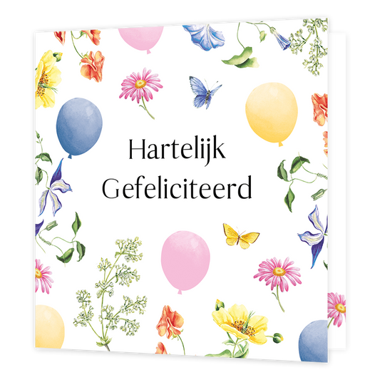 Hartelijk gefeliciteerd - Formaat: Normaal - Vorm: Vierkant - Verjaardagskaart - Op deze wenskaart staan bloemen en vlinders in de kleuren rood, paars, geel en groen, met in het midden de tekst: "Fijne verjaardag". - Snelwenskaart