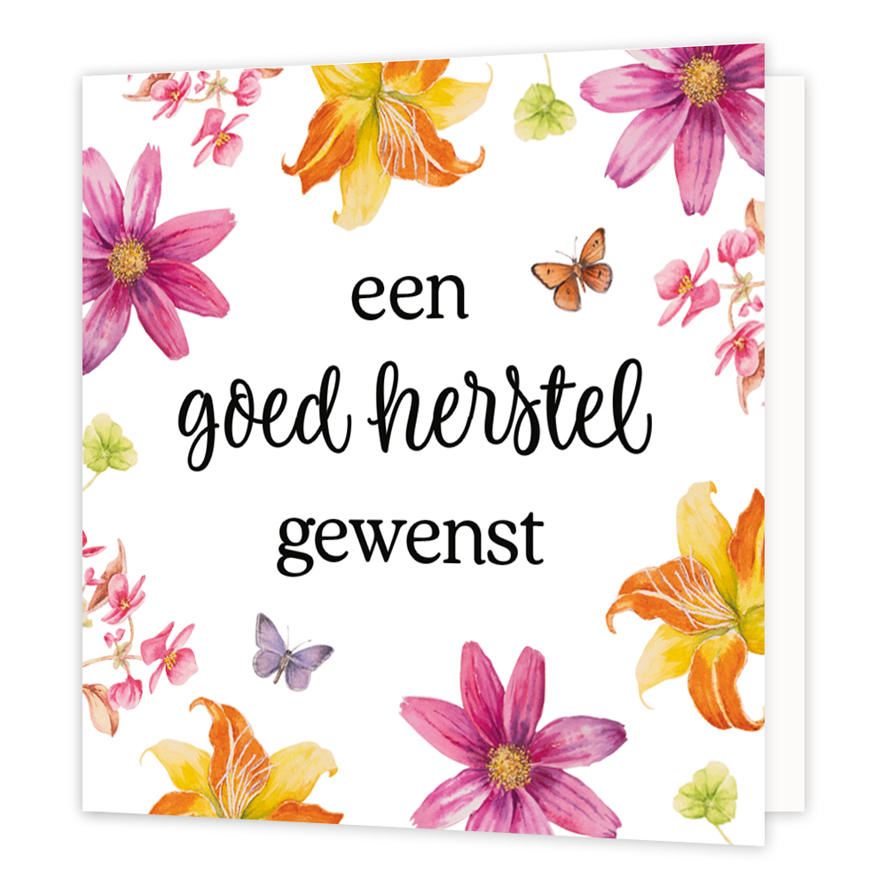 Een goed herstel gewenst - Formaat: Klein - Vorm: Vierkant - Beterschapskaart - Op deze wenskaart staan bloemen en vlinders met in het midden de tekst: "Een goed herstel gewenst". - Snelwenskaart