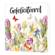 Minikaartje - Gefeliciteerd - Formaat: Klein - Vorm: Vierkant - Felicitatiekaart - Op deze wenskaart staat een witte achtergrond met een gedetailleerde, botanische illustratie van diverse kleurrijke bloemen en groene bladeren. Tussen de bloemen vliegen vier vlinders in verschillende kleuren: een rode, een witte, een blauwe en een oranje. Bovenaan de kaart staat in zwarte, sierlijke letters het woord "Gefeliciteerd". - Snelwenskaart