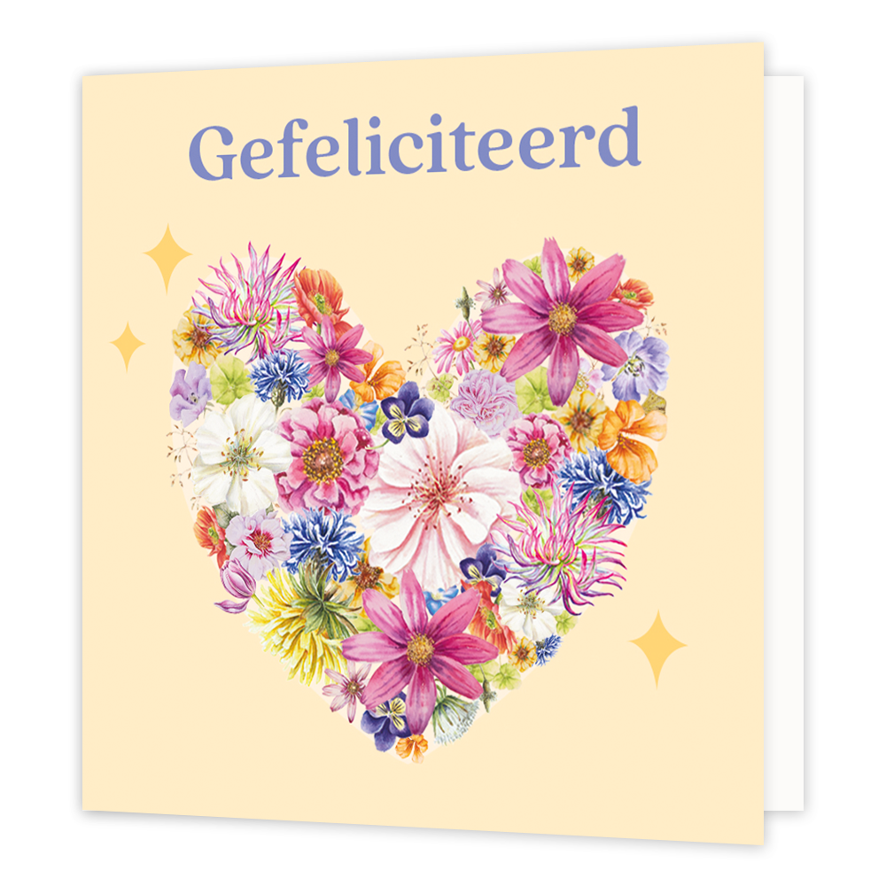 Op deze wenskaart staan bloemen in de vorm van een hart met daarboven de tekst: "Gefeliciteerd". 