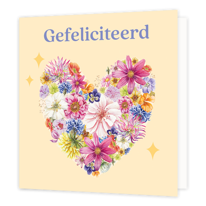 Op deze wenskaart staan bloemen in de vorm van een hart met daarboven de tekst: "Gefeliciteerd". 