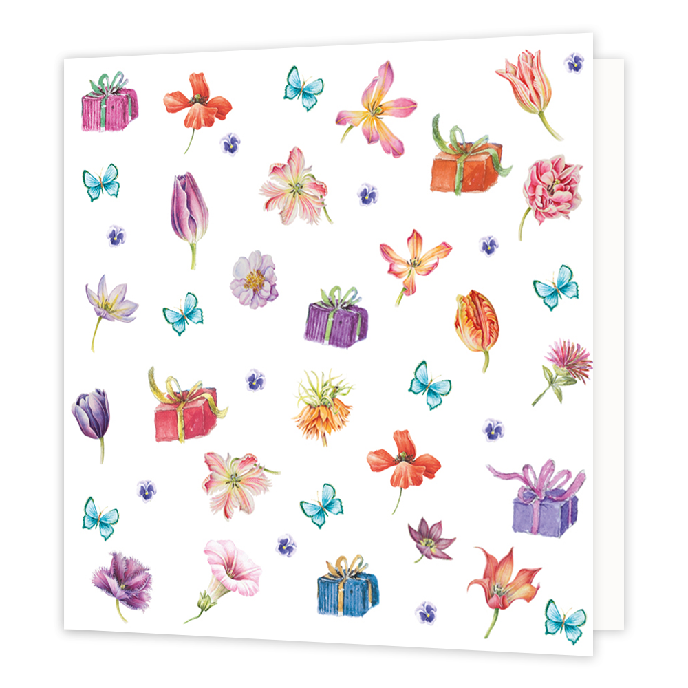 Minikaartje - bloemen cadeaus - Formaat: Klein - Vorm: Vierkant - Blanco kaart - Op deze wenskaart staan bloemen, cadeaus en vlinders in de kleuren paars, rood, roze, blauw en oranje. - Snelwenskaart