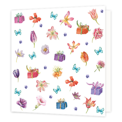 Minikaartje - bloemen cadeaus - Formaat: Klein - Vorm: Vierkant - Blanco kaart - Op deze wenskaart staan bloemen, cadeaus en vlinders in de kleuren paars, rood, roze, blauw en oranje. - Snelwenskaart