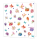 Minikaartje - bloemen cadeaus - Formaat: Klein - Vorm: Vierkant - Blanco kaart - Op deze wenskaart staan bloemen, cadeaus en vlinders in de kleuren paars, rood, roze, blauw en oranje. - Snelwenskaart